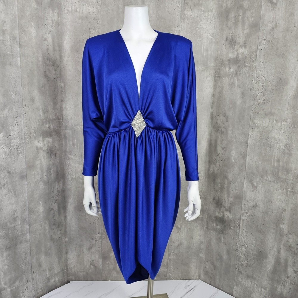 Vintage 80s Climax David Howard 3/4 Royal Blue Batwing Cocktail Disco Tulip Hem‎